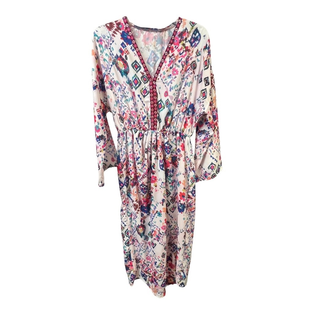Tunic Dress Womens White Geometric Watercolor Elastic Waist Tribal Trim Midi L